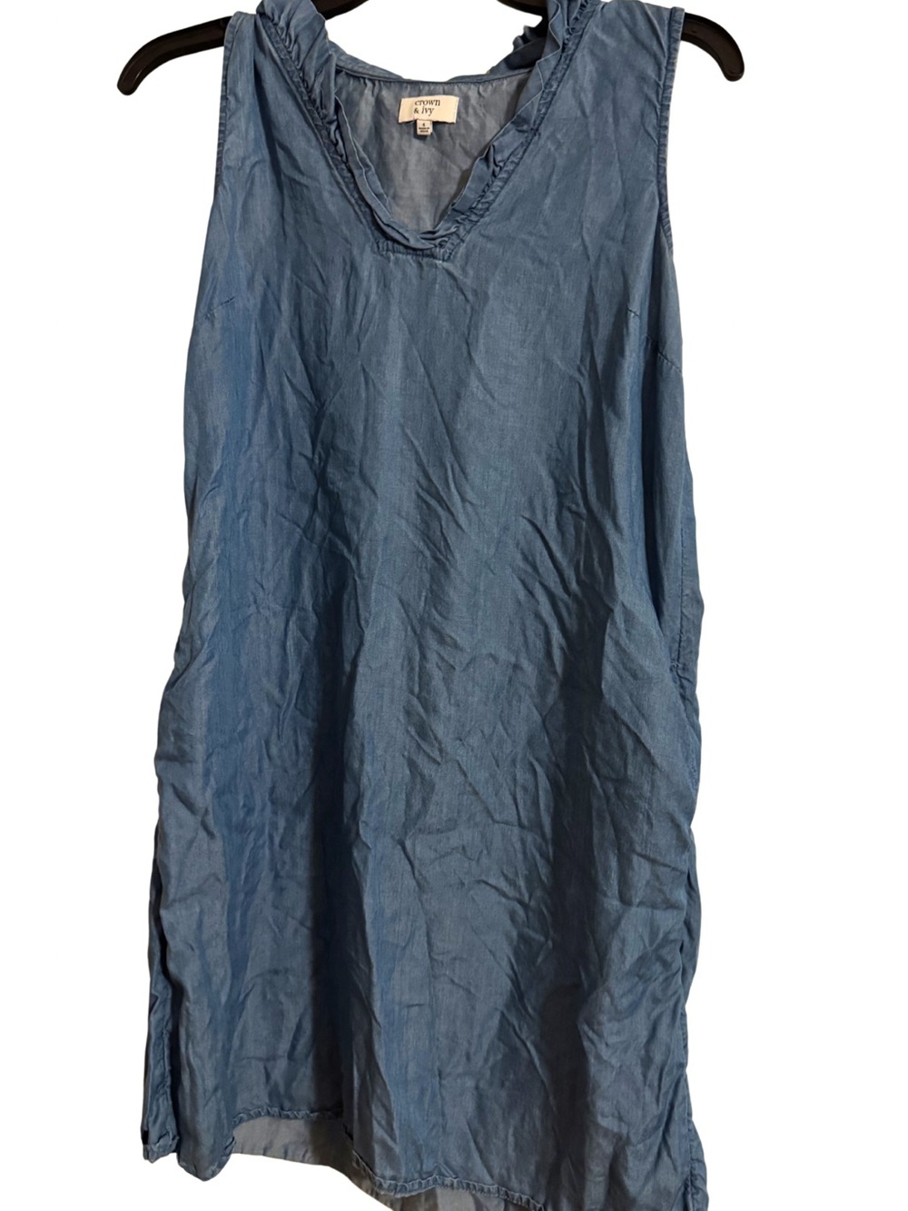 Chambray Ruffle V-Neck Dress